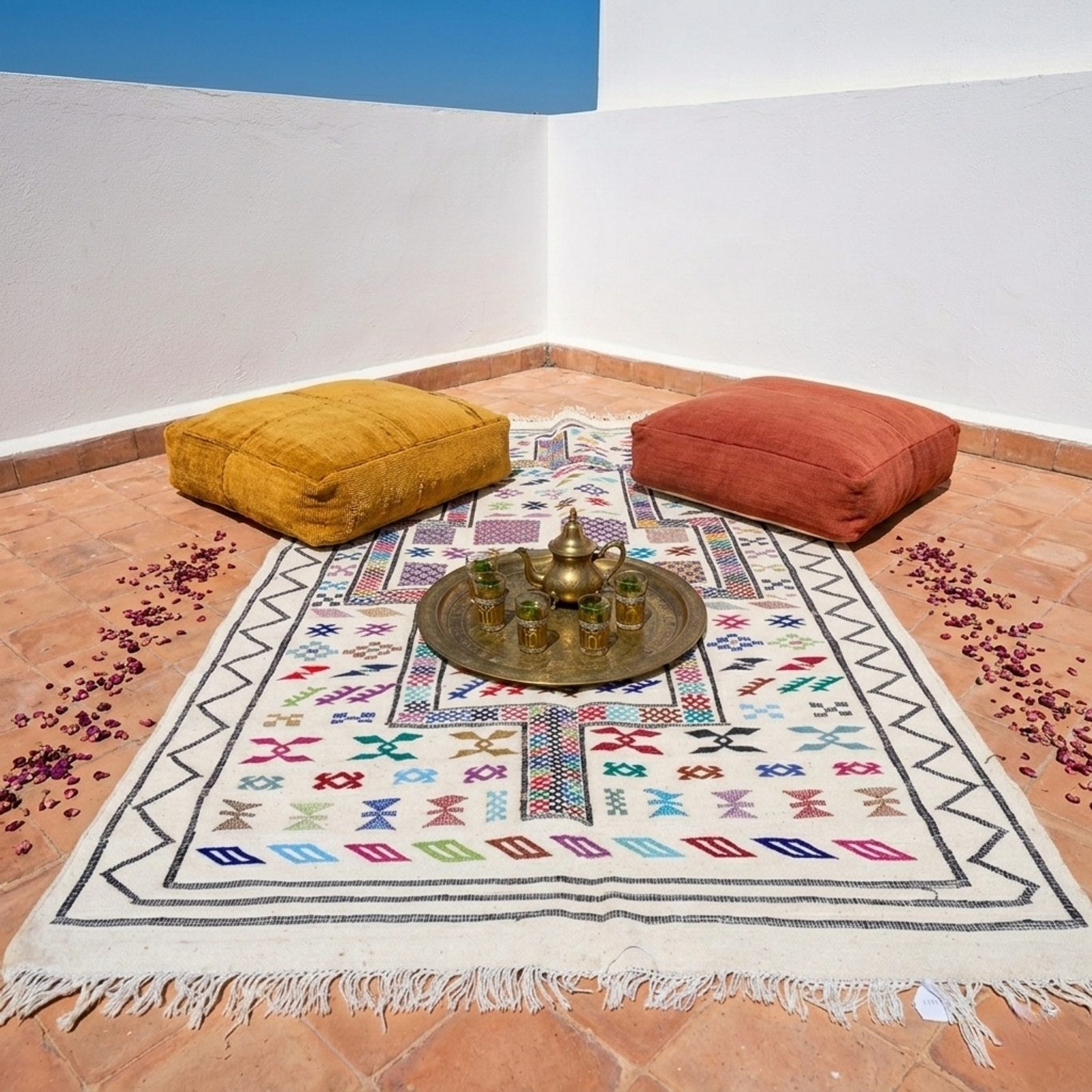 The "Stepped Mihrab" Hanbel: Fine Ivory Embroidered Moroccan Taznakht Kilim — view 3