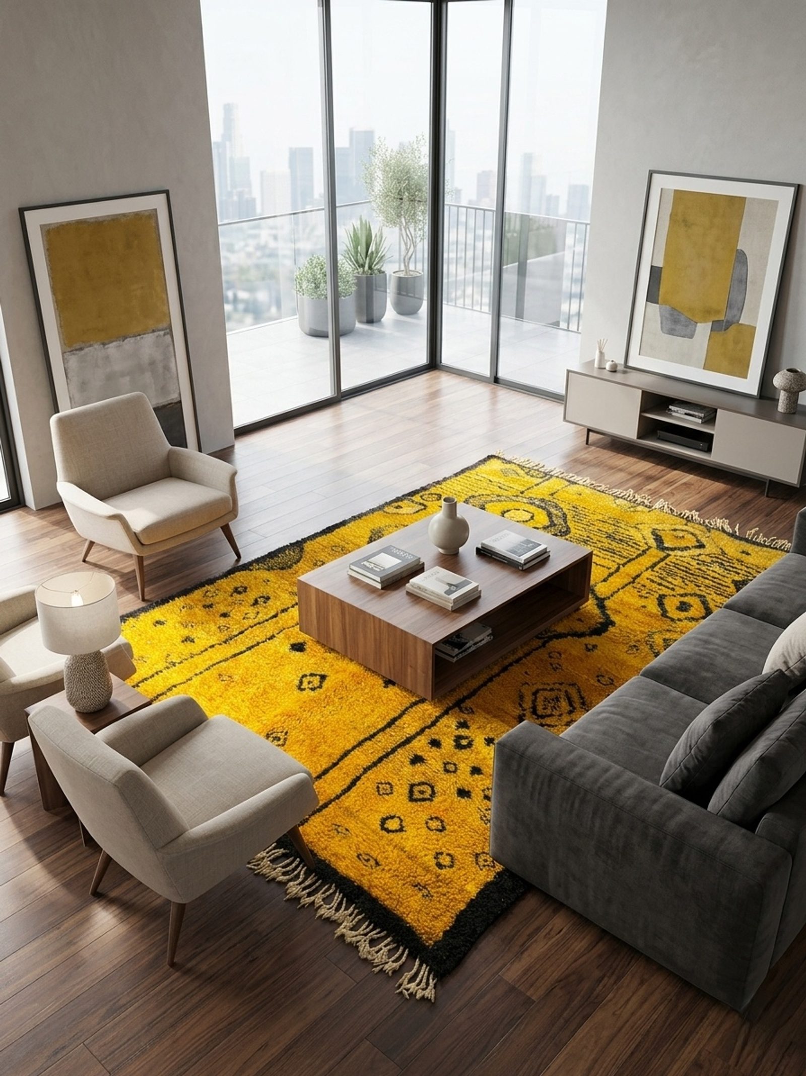 The Saffron Talisman: Hand-Woven Charcoal & Mustard Berber Rug — view 2