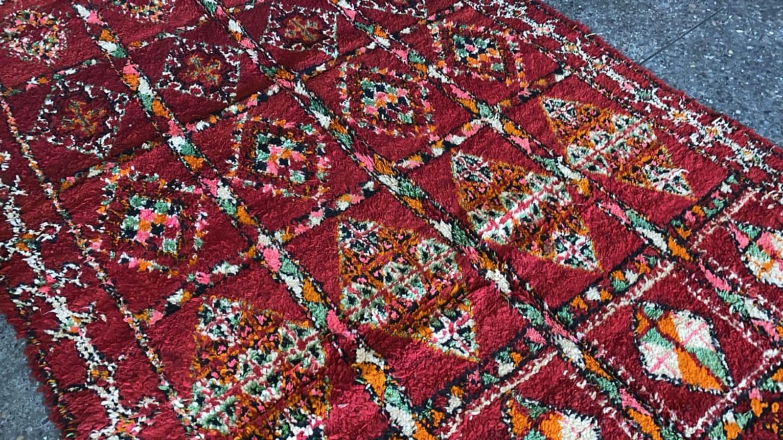 The "Garden Grid" Boujad: Intricate Vintage Crimson & Moss Green Moroccan Rug — view 4