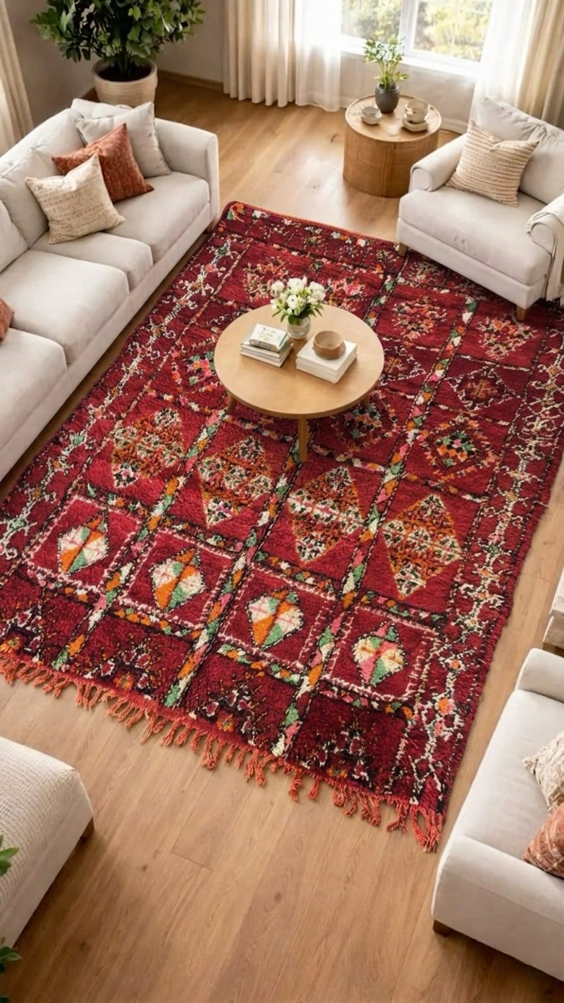 The "Garden Grid" Boujad: Intricate Vintage Crimson & Moss Green Moroccan Rug