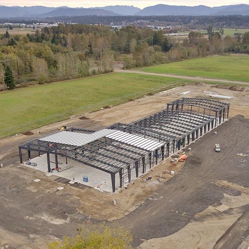 Pre-engineered steel frame during construction
