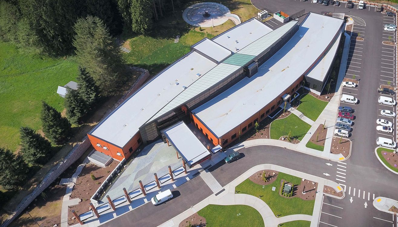 Aerial view of the canoe-shaped building and central skylight