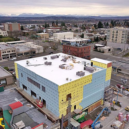 Aerial view of the enclosed addition before exterior finishes