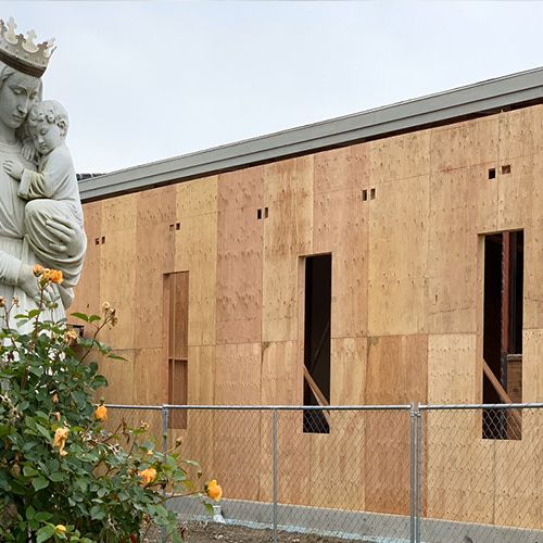 Exterior wall sheathing during the church renovation