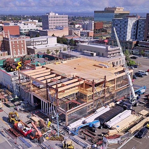 Aerial view of the museum addition during mass timber construction
