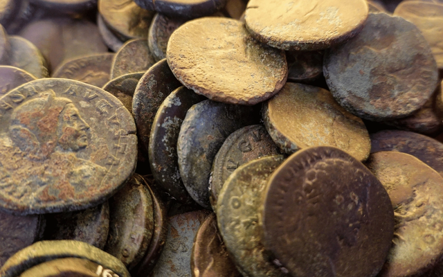 A hoard of ancient Roman coins, one stamped with a portrait