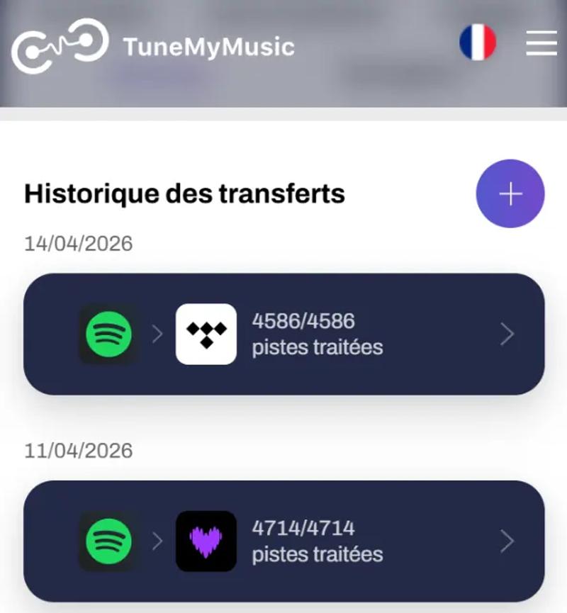 Historique des transferts de playlists avec TuneMyMusic
