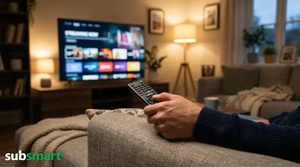 Personne tenant une télécommande devant une télévision affichant une interface de streaming