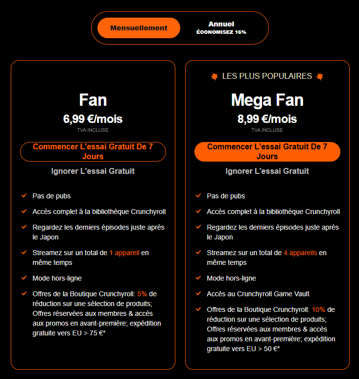 Tarifs des abonnements mensuels de Crunchyroll