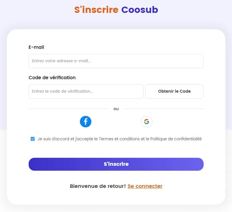 Formulaire d'inscription de Coosub