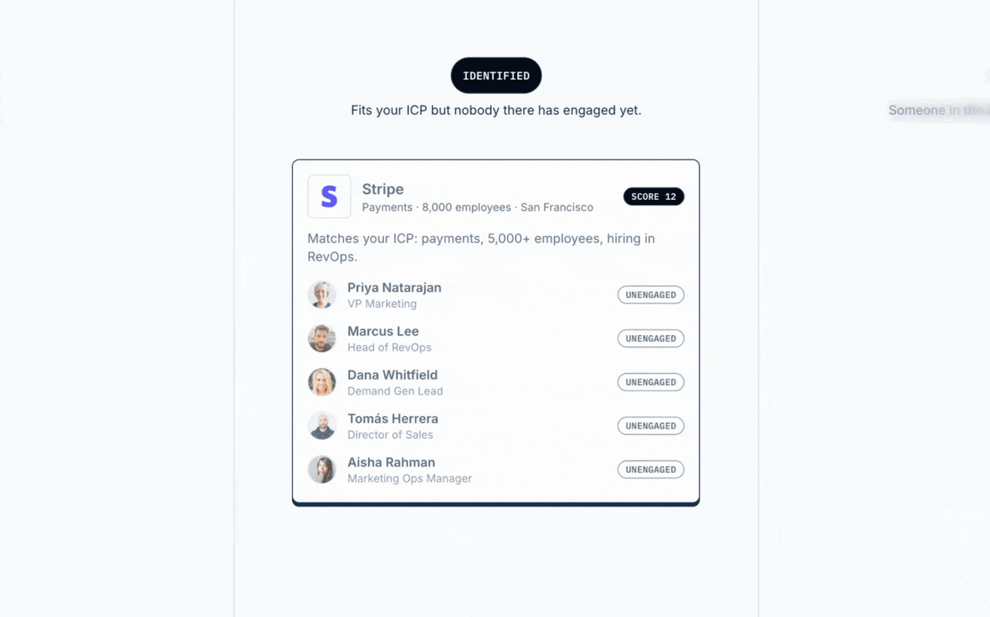 Animation: a Stripe account card moves through Vector’s buying stages (Identified, Aware, Interested, Considering, Selecting) as more of its buying group engages and its score climbs from 12.