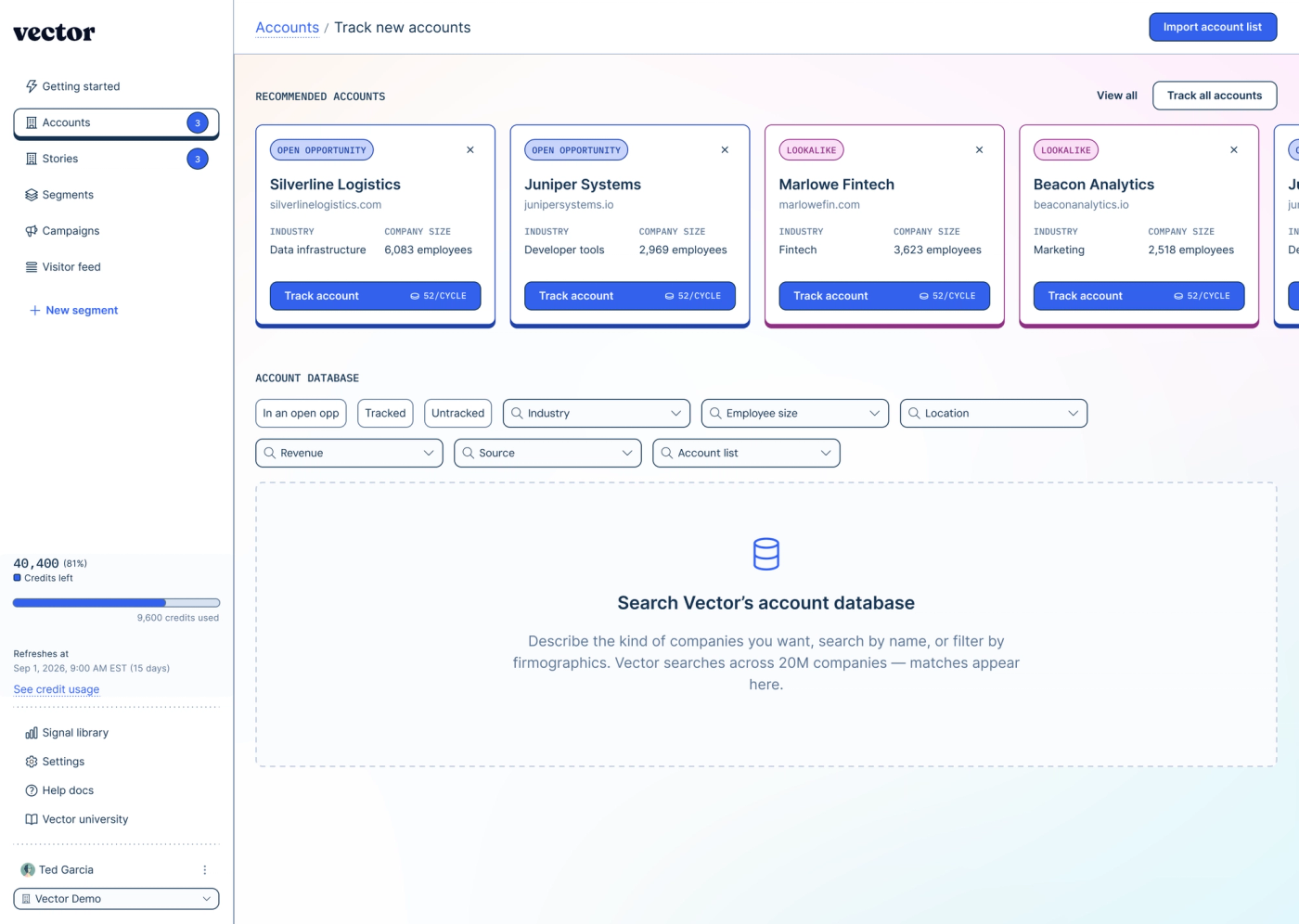 Vector Track new accounts view with recommended accounts labelled as open opportunities or lookalikes, above filters for searching the account database.