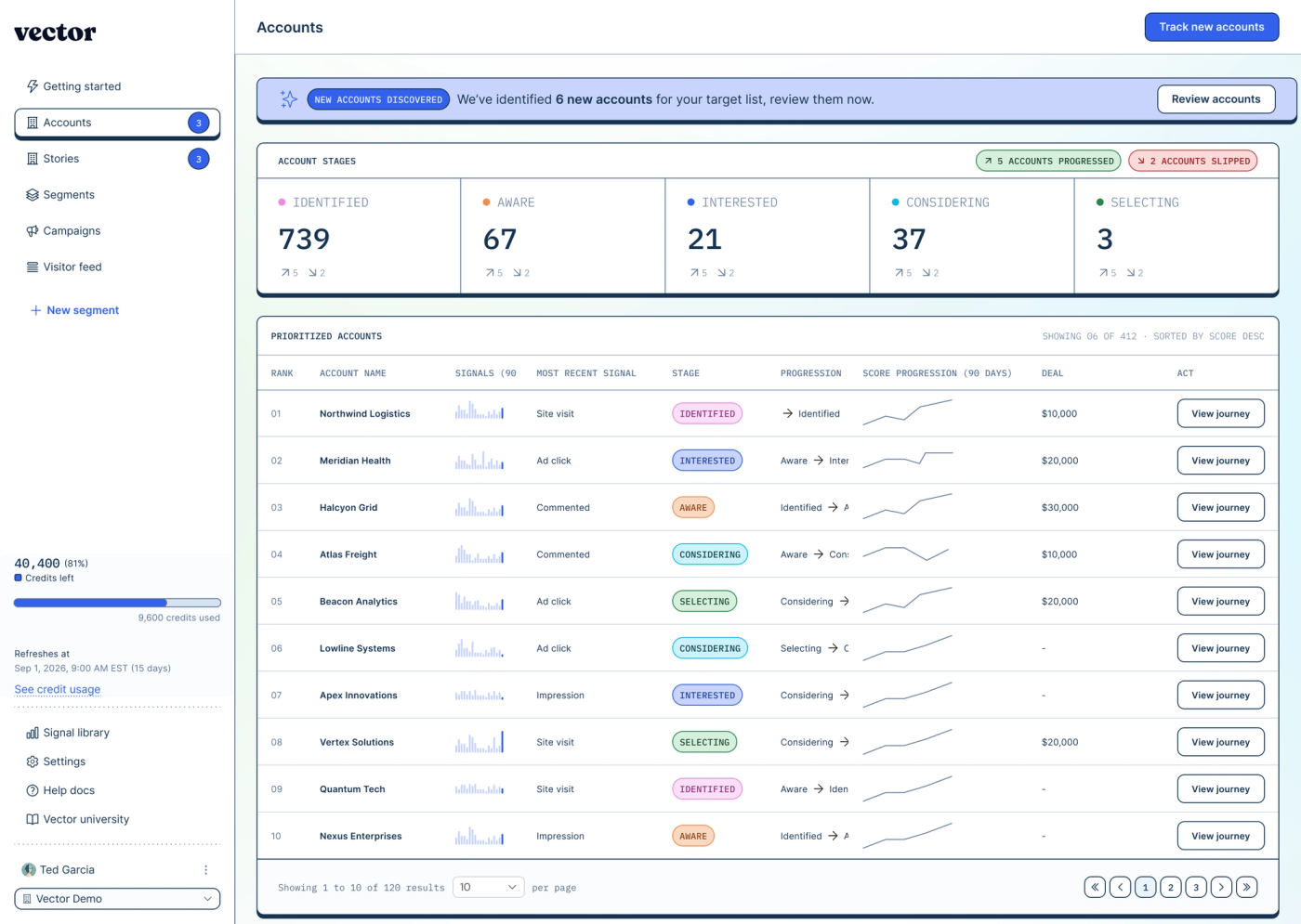 Vector Accounts view showing target accounts grouped by buying stage, from Identified to Selecting, above a ranked list of prioritized accounts with their most recent signal and score trend.