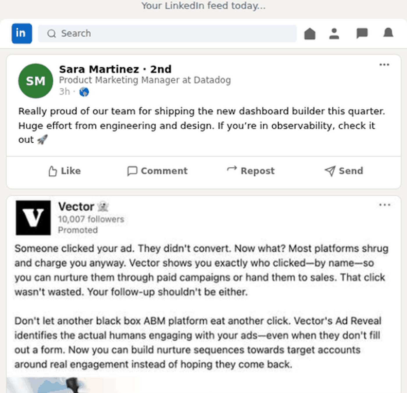 Animation showing Vector ads appearing repeatedly in a LinkedIn feed between organic posts