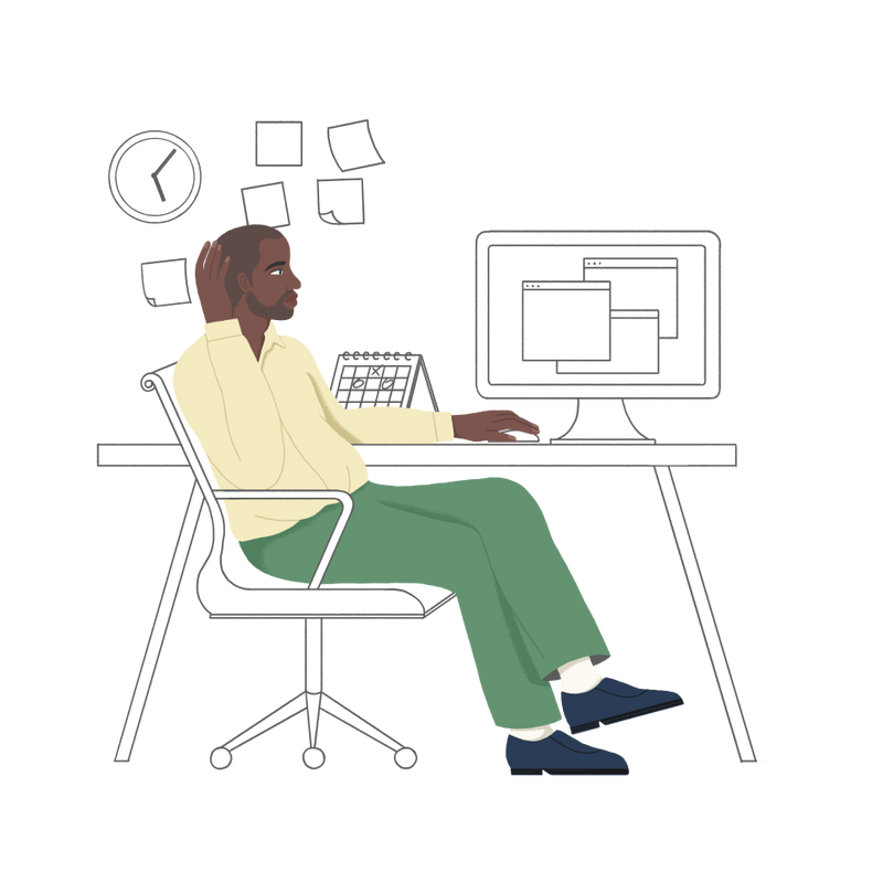 Illustration of man in office chair in front of desk