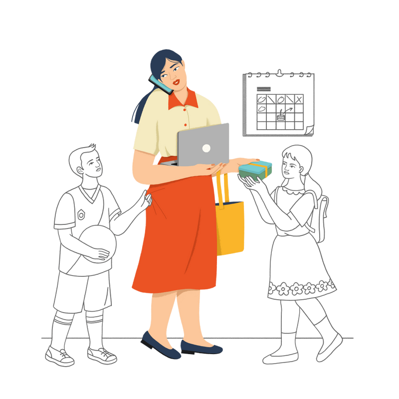 Illustration of woman with phone, laptop and kids