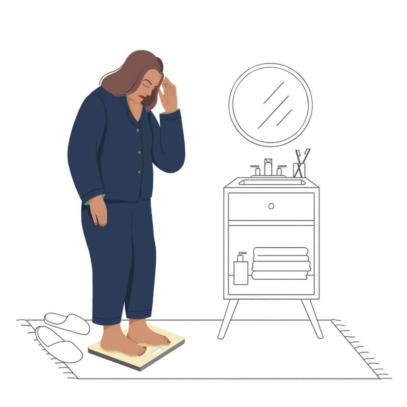 Illustration of woman standing on body scales and struggling