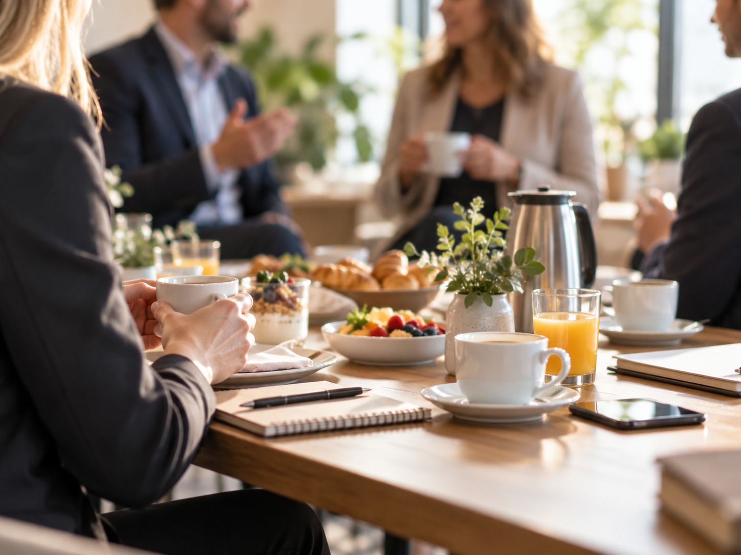 Flera personer sitter och äter frukost vid ett uppdukat bord med kaffe, juice, frukt, bröd med mera.