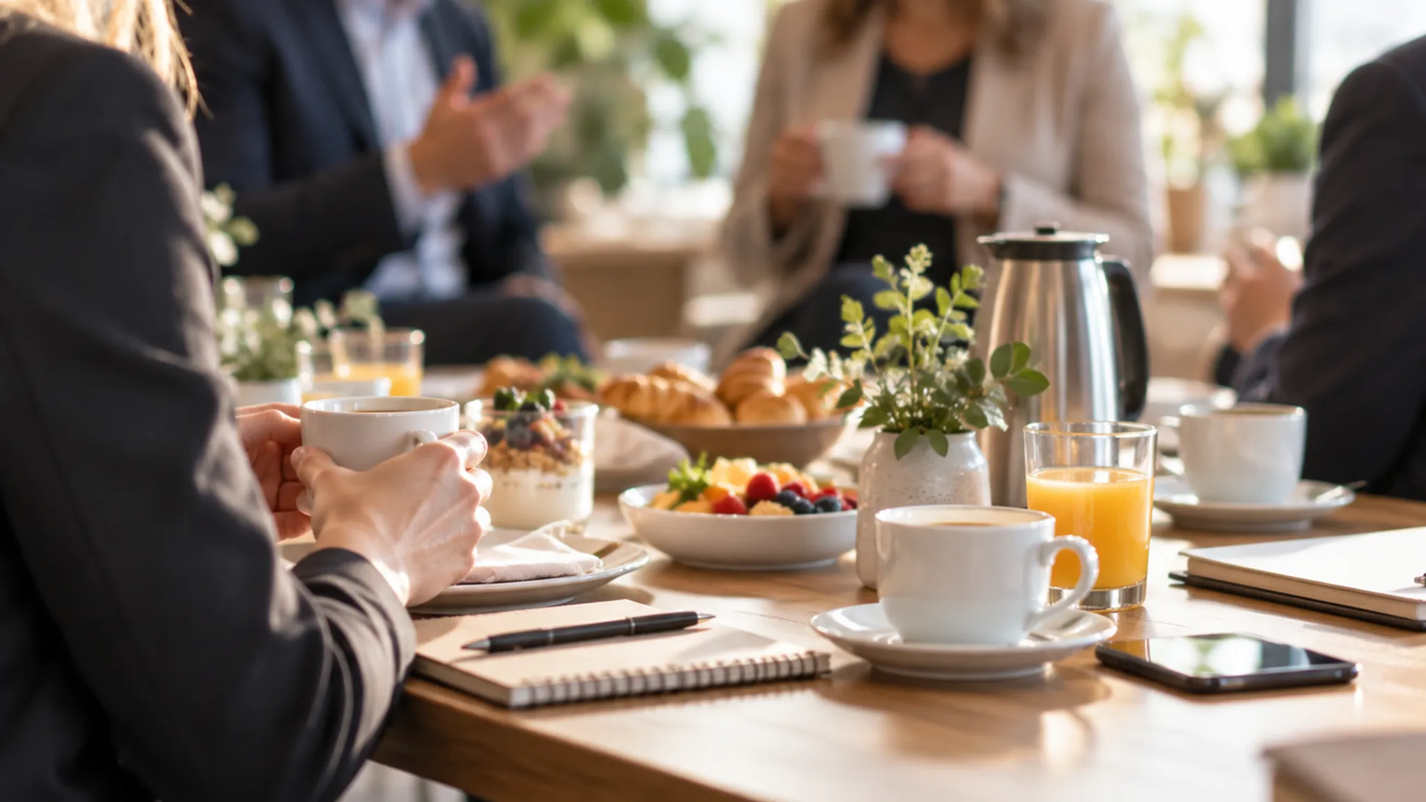 Flera personer sitter och äter frukost vid ett uppdukat bord med kaffe, juice, frukt, bröd med mera.