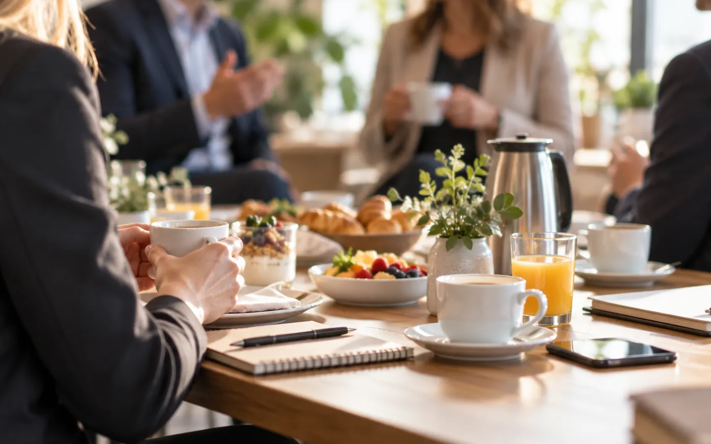 Flera personer sitter och äter frukost vid ett uppdukat bord med kaffe, juice, frukt, bröd med mera.
