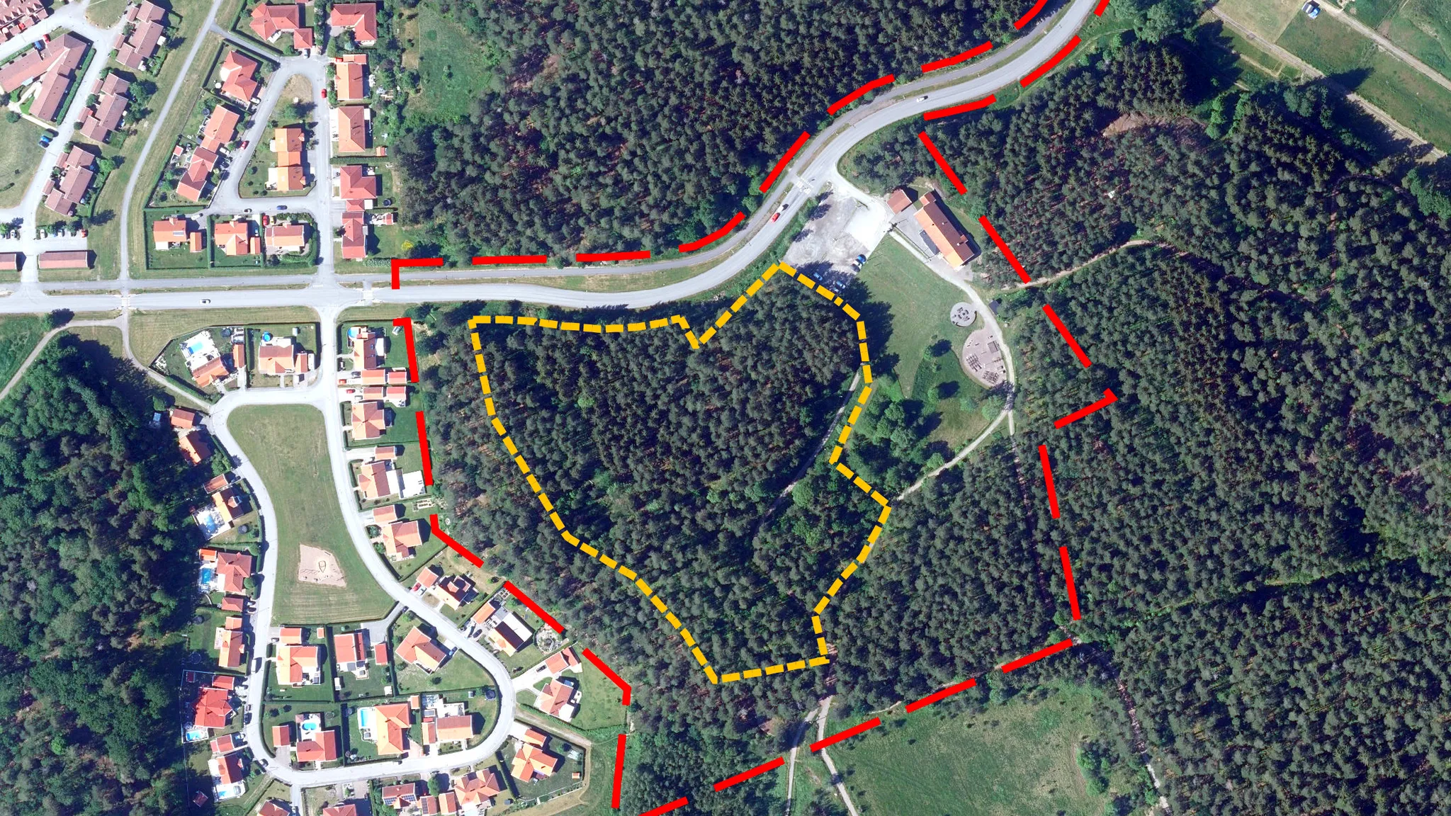 Vy över Alboga där planområde och placering av skolområde är markerat.