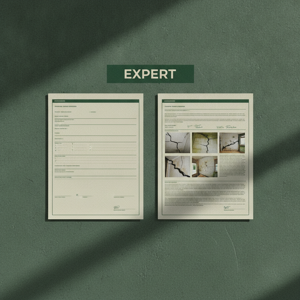 Image représentant 2 états des lieux. Un sur la gauche assez générique réalisé par un agent immobilier rempli à la va-vite et l'autre réalisé par un expert immobilier, documenté, avec des photos datées et détaillées. 