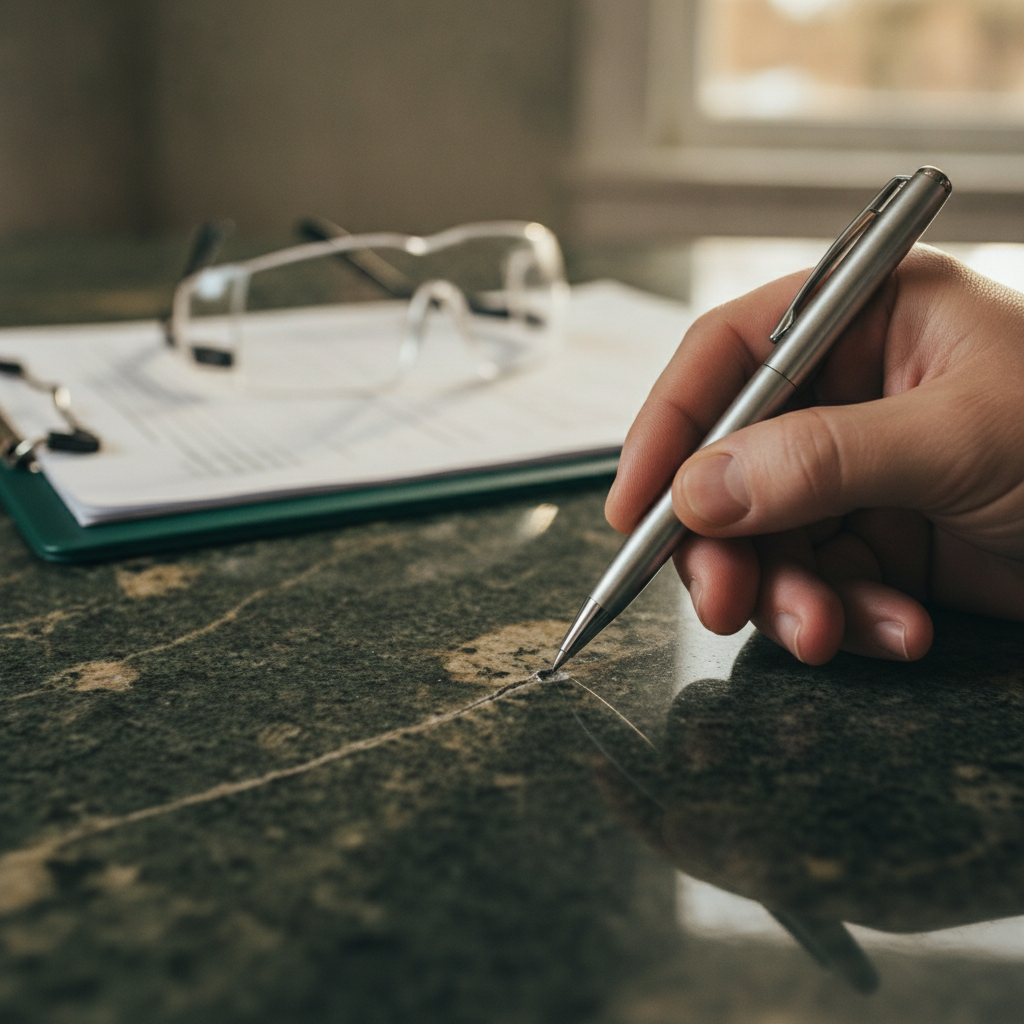 Extreme close-up of a hand holding a pen pointing at a small  surface defect on a kitchen countertop,  inspection clipboard visible in the background out of focus,  warm natural light,  deep green and beige color palette,  no visible text,  photorealistic editorial style, 