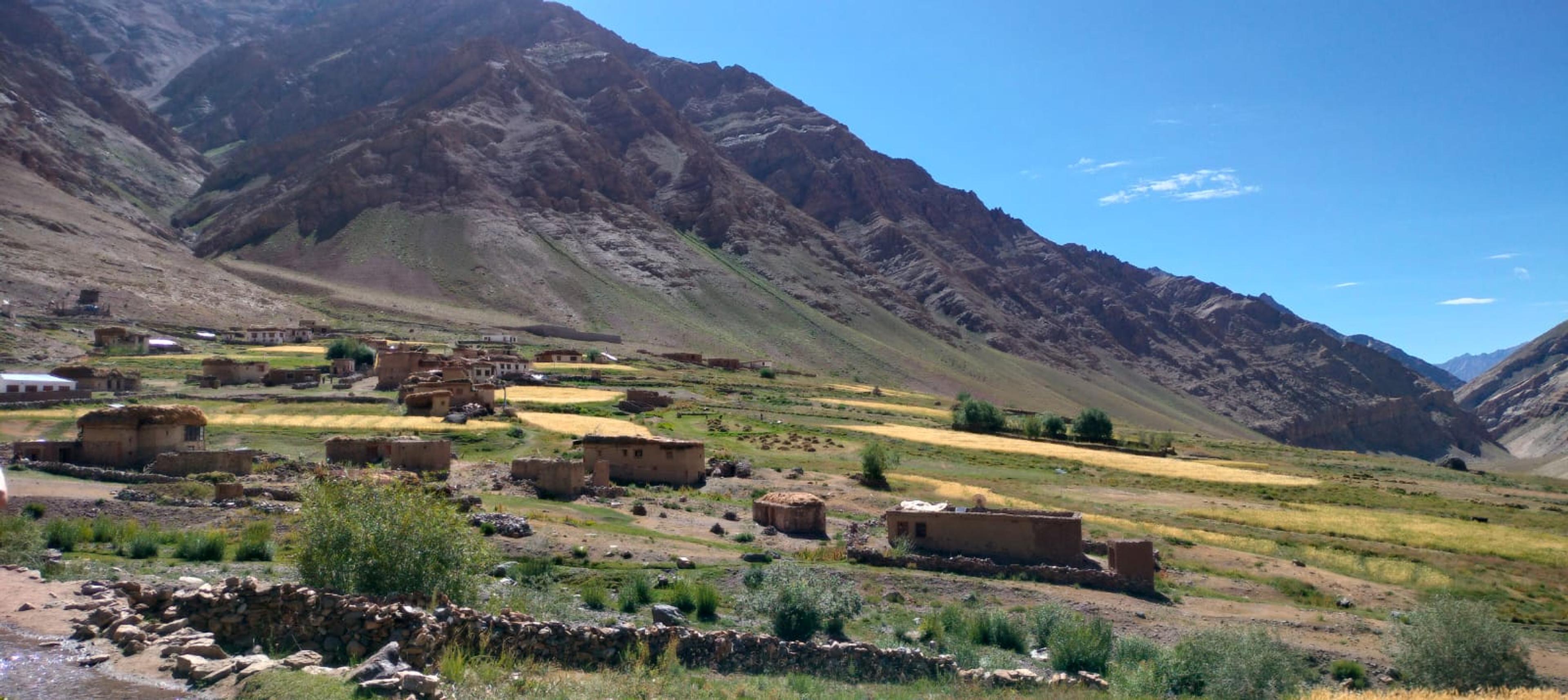 Mud-brick village houses among golden barley fields and stone walls, below a steep brown mountainside under blue sky