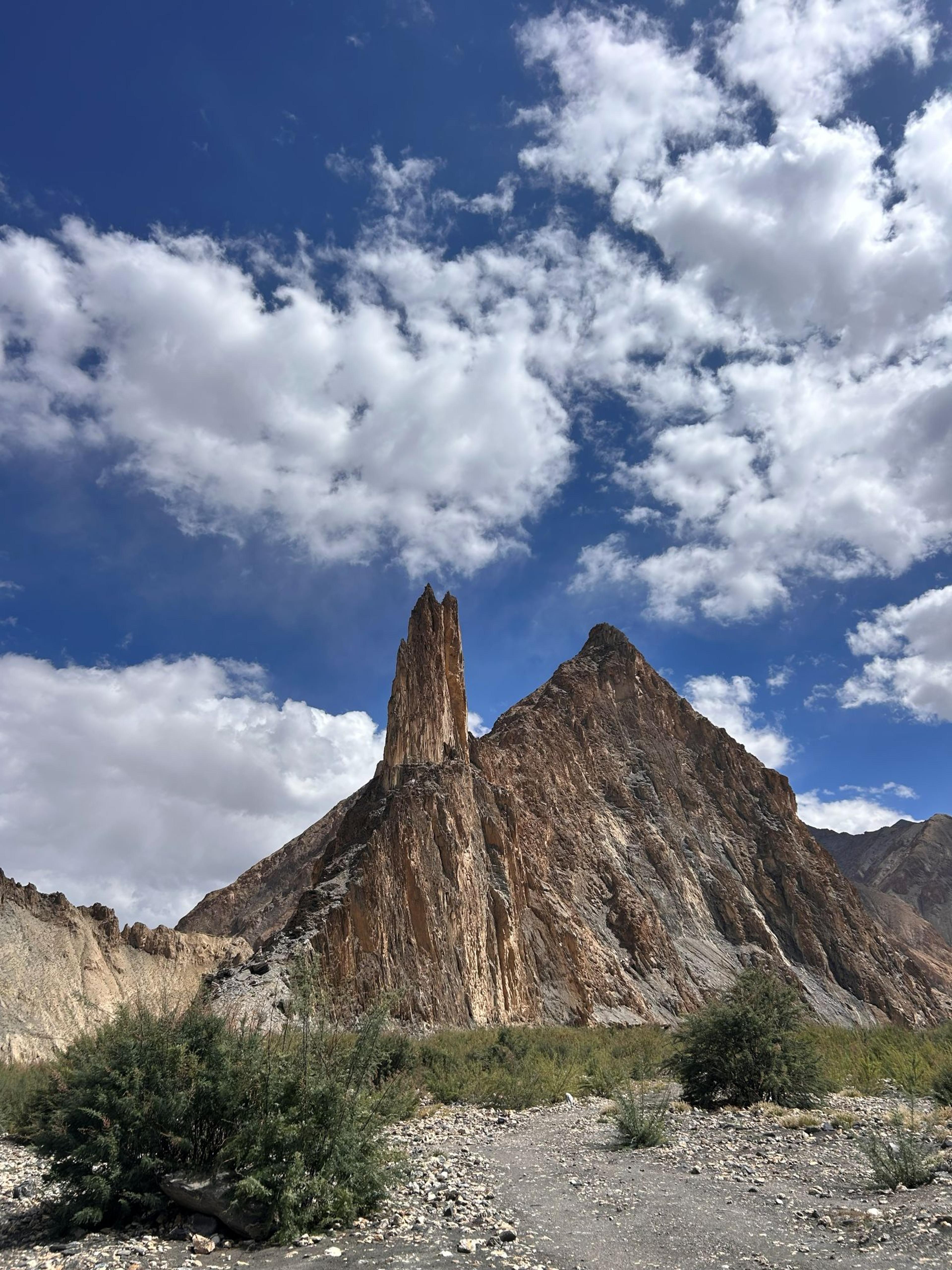 Towering narrow sandstone rock spire rising dramatically above the Markha Valley canyon floor with green shrubs at the base and vivid blue sky with clouds, Ladakh