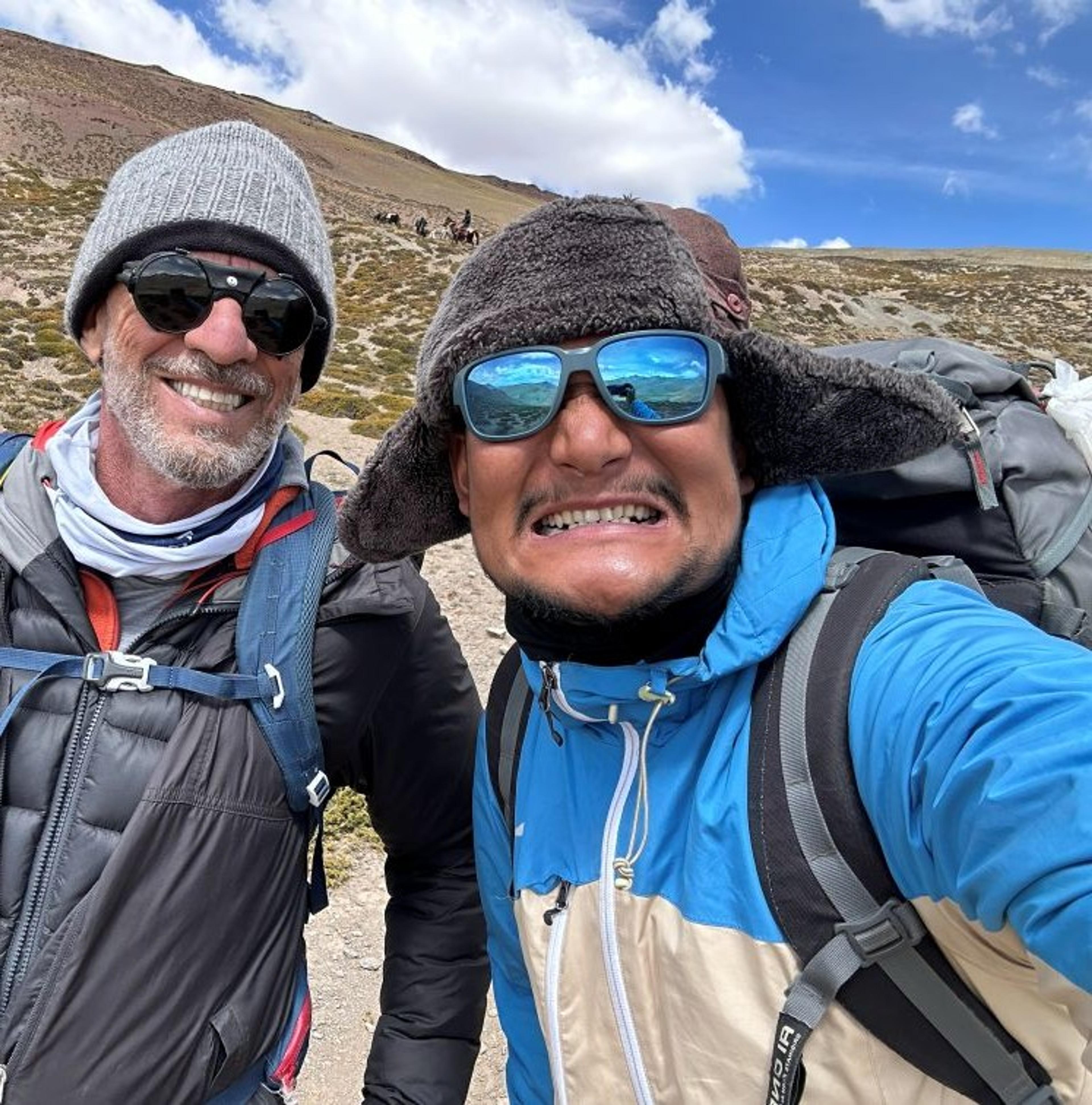 Tsewang Chosdup (right), founder of Voyager Ladakh, with a guest on the trail
