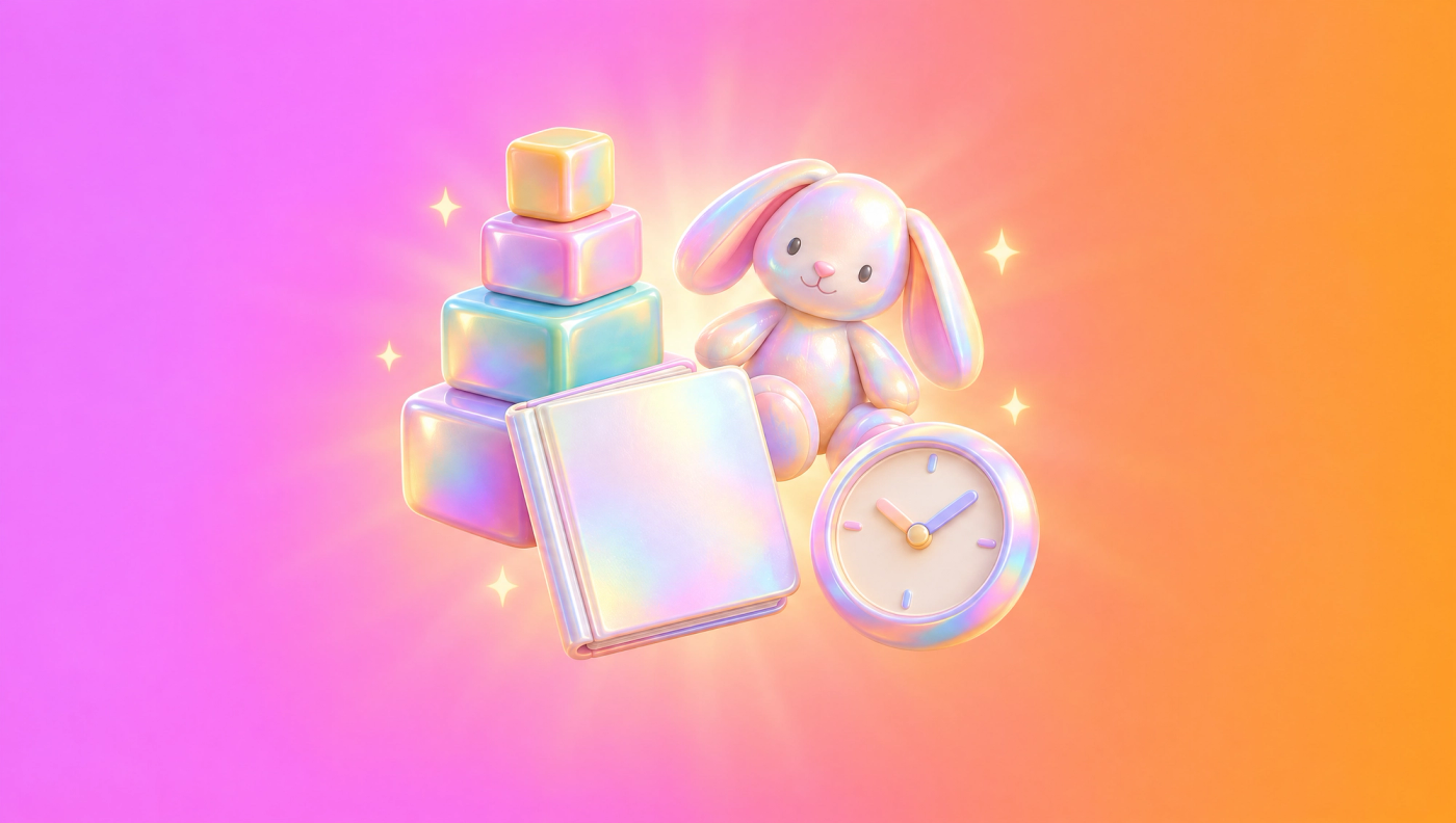 Toy blocks, a closed book, toy rabbit and simple clock on a pink and orange background