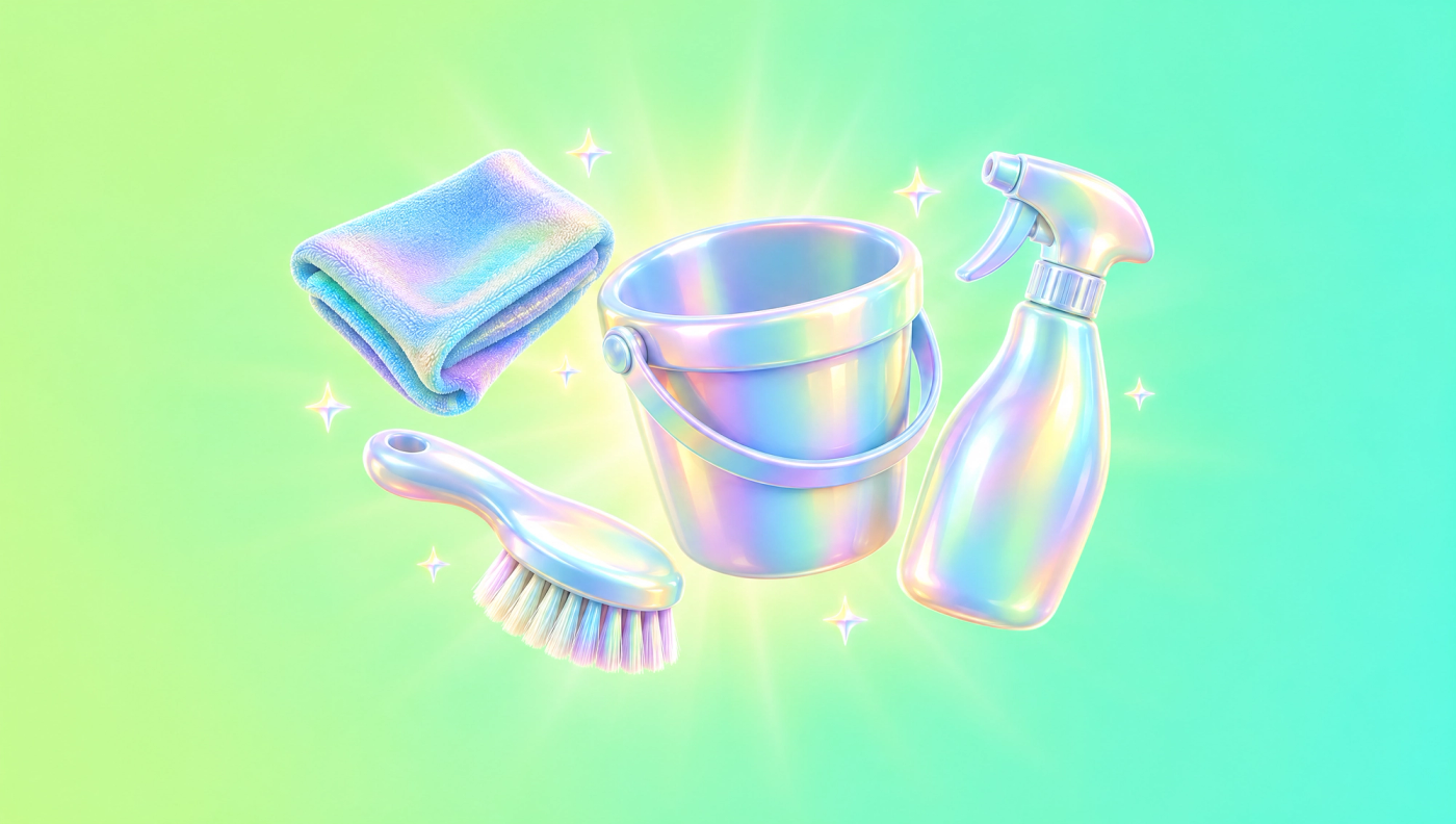 A folded cloth, brush, bucket and unlabelled spray bottle on a green background