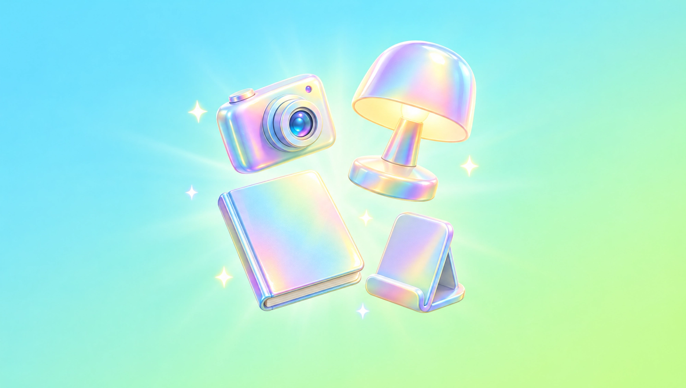 A camera, tabletop lamp, closed notebook and small stand on a blue and green background