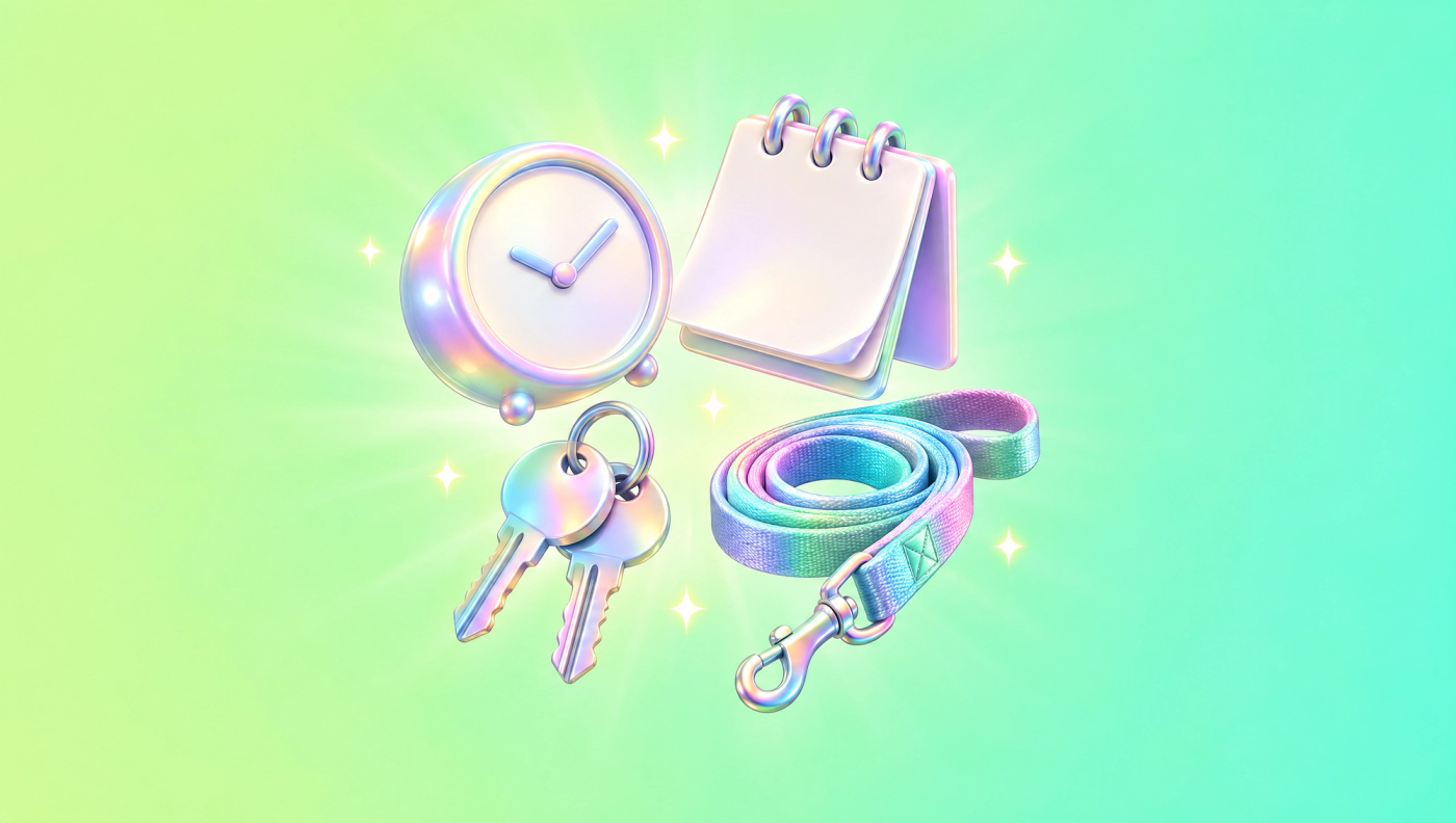 A pearlescent clock, calendar, keys and dog leash on a green background