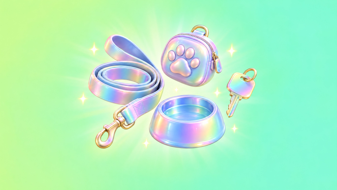 A coiled walking leash, paw-embossed pouch, water bowl and key on a green background