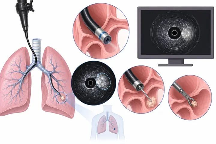 Bronchoscopie par mini-sonde radiale écho-guidée illustrée sur un schéma pulmonaire (image de synthèse)
