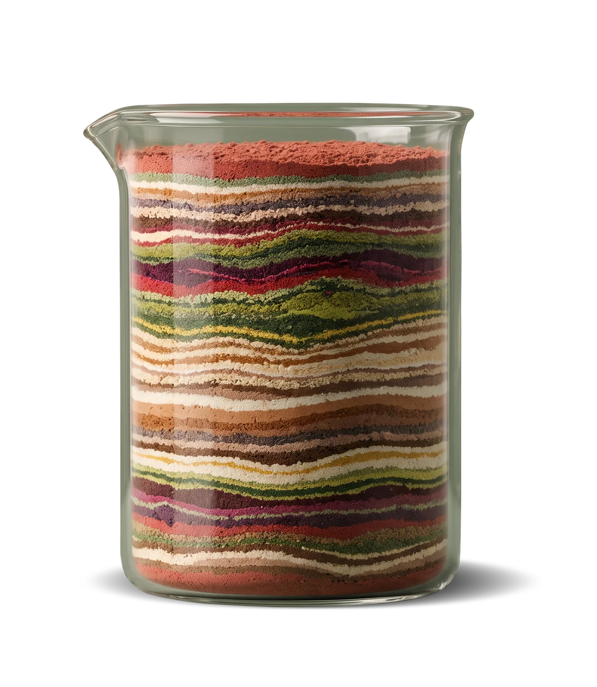 A glass beaker layered with colourful supplement ingredients