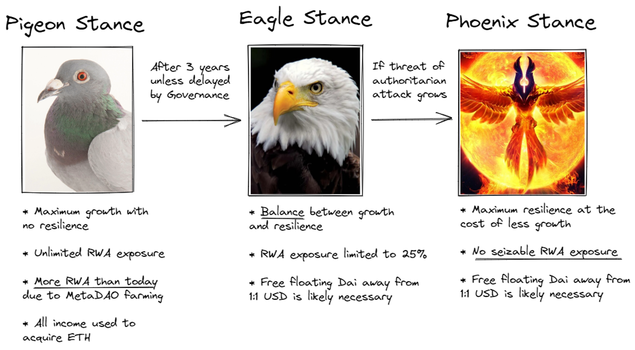 A summary of the three stances of MakerDAO's Endgame plan - Pigeon Stance, Eagle Stance, and Phoenix Stance.
