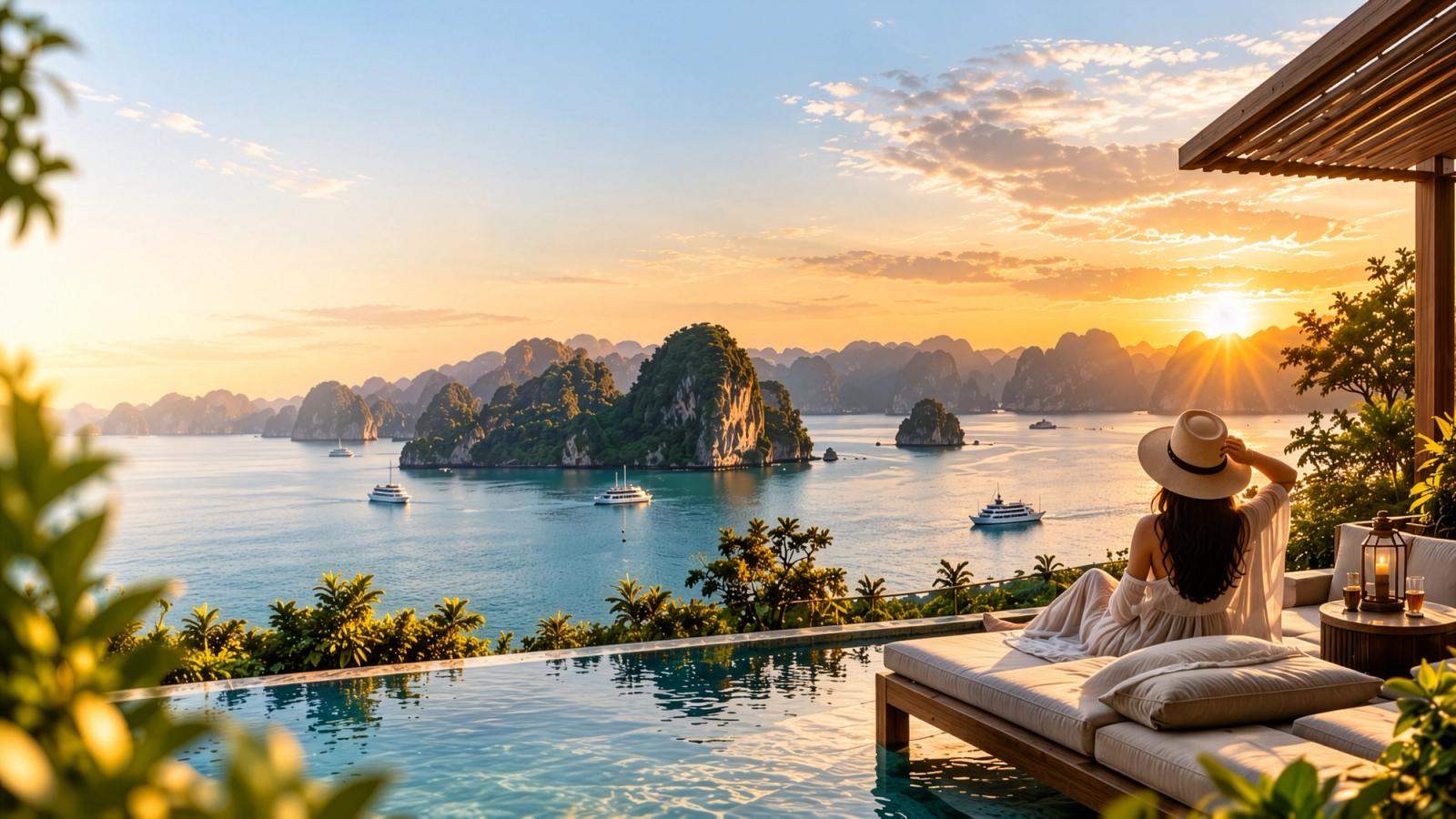 Traveller relaxing beside an infinity pool, looking out over limestone islands and cruise boats at sunset — international tour packages by My Trip World
