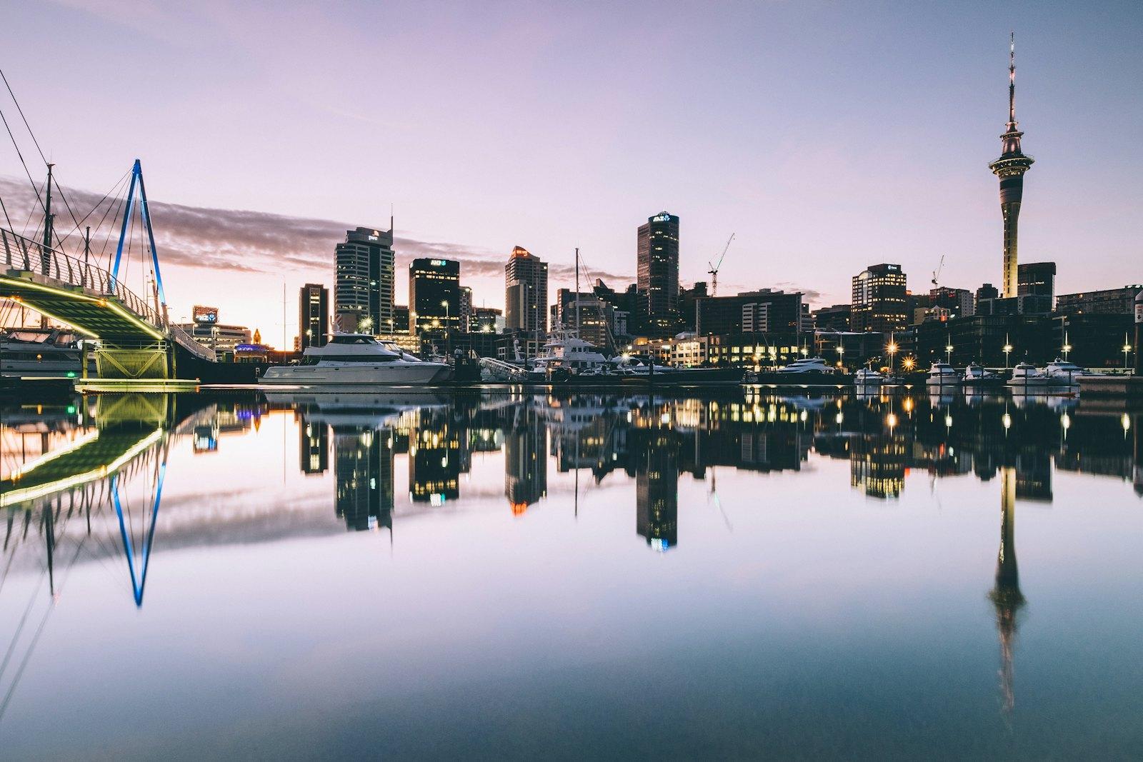 A harbour city skyline at dusk