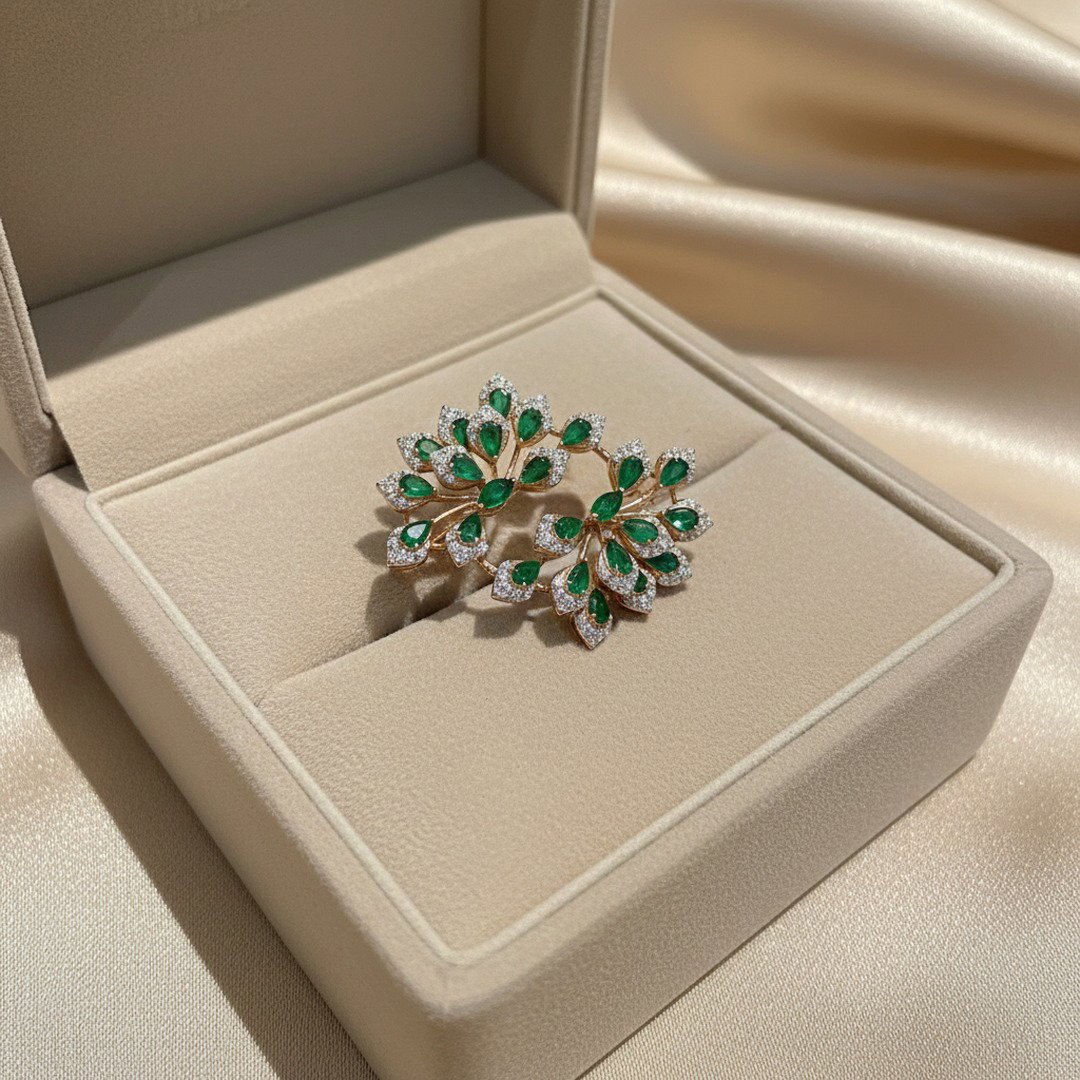 Emerald-tone spray cluster diamond ring