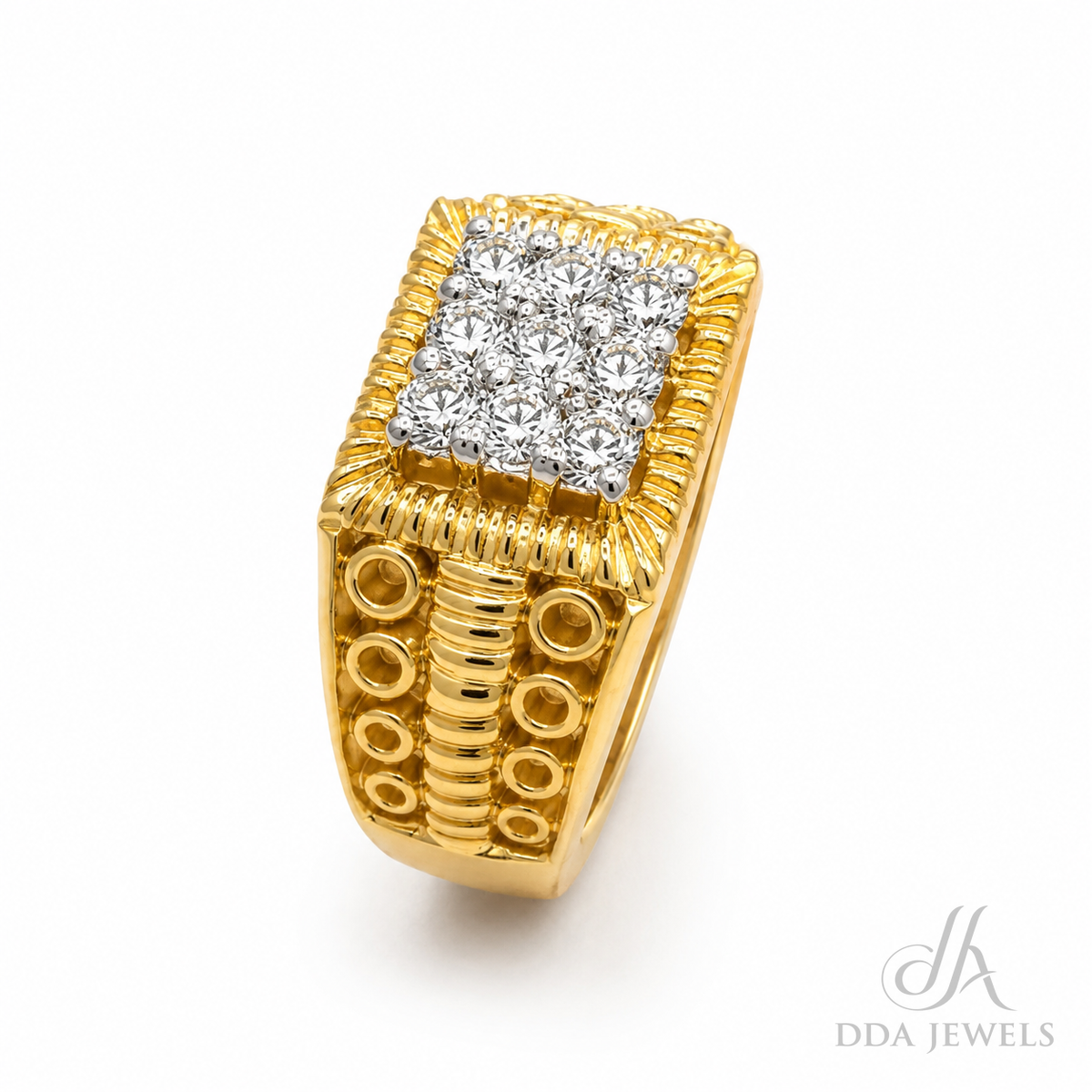Men’s ornate gold signet ring with a framed square diamond pavé centre