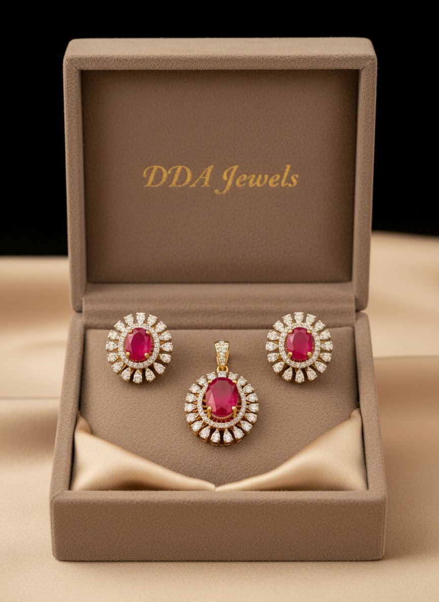 Ruby oval halo diamond pendant set with matching earrings