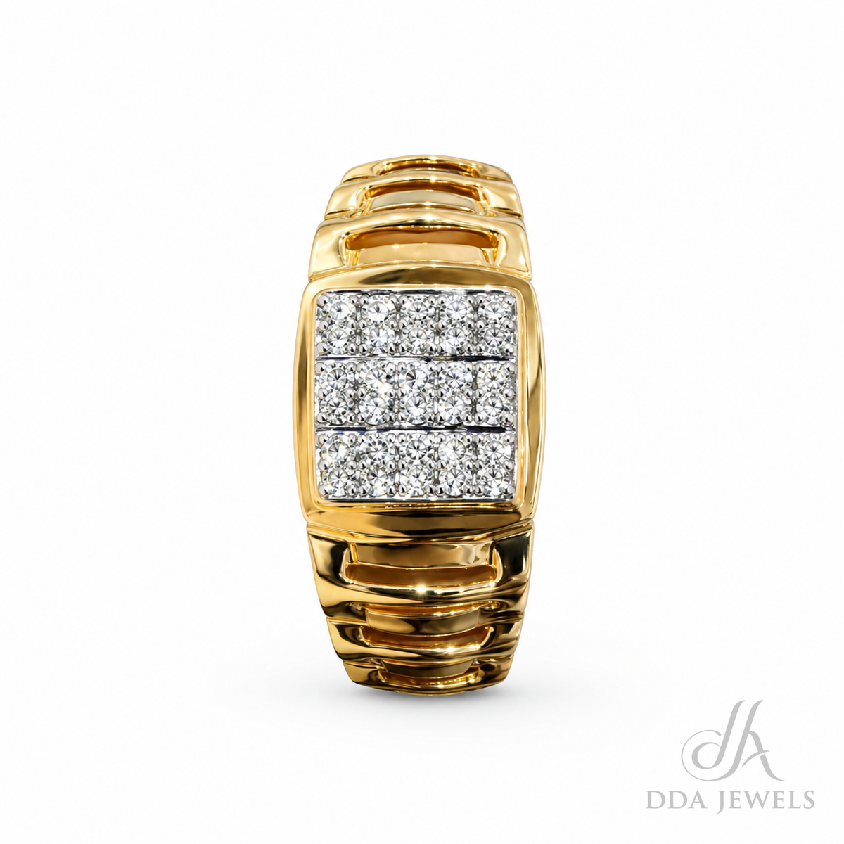 Men’s gold diamond ring with three raised panels and linear pavé accents