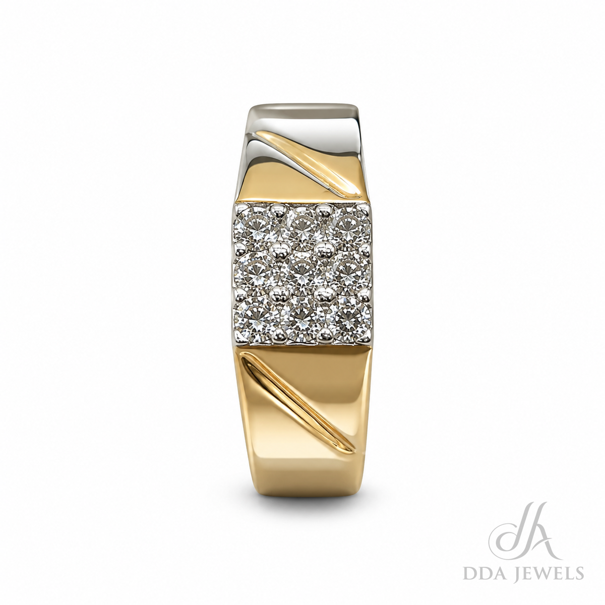Men’s gold diamond ring with diagonal two-tone panels and a pavé accent