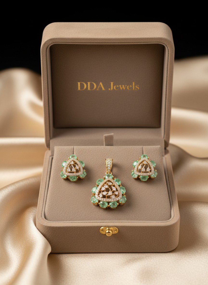 Emerald floral diamond pendant set with matching earrings