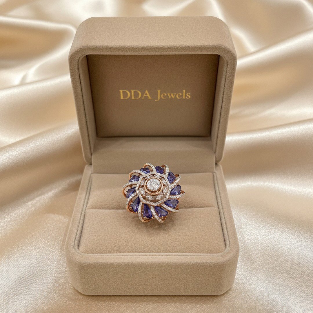 Pearl and sapphire-tone flower diamond ring