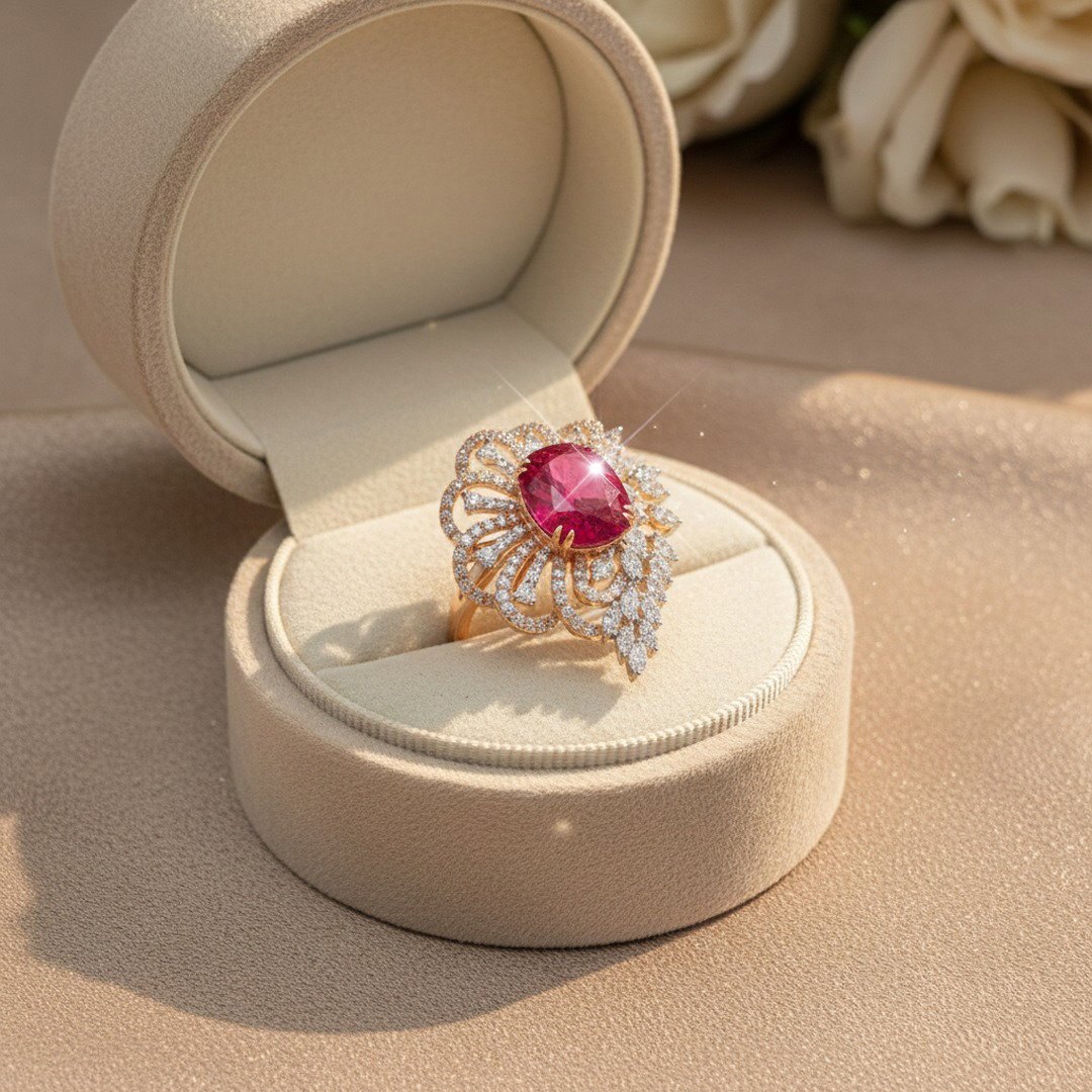 Ruby-tone solitaire halo diamond ring