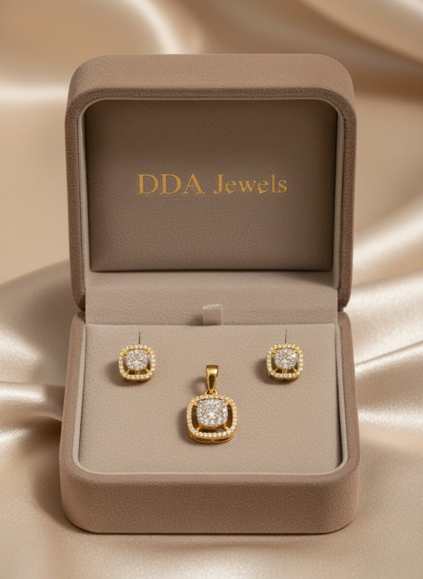 Cushion halo diamond pendant set with matching earrings