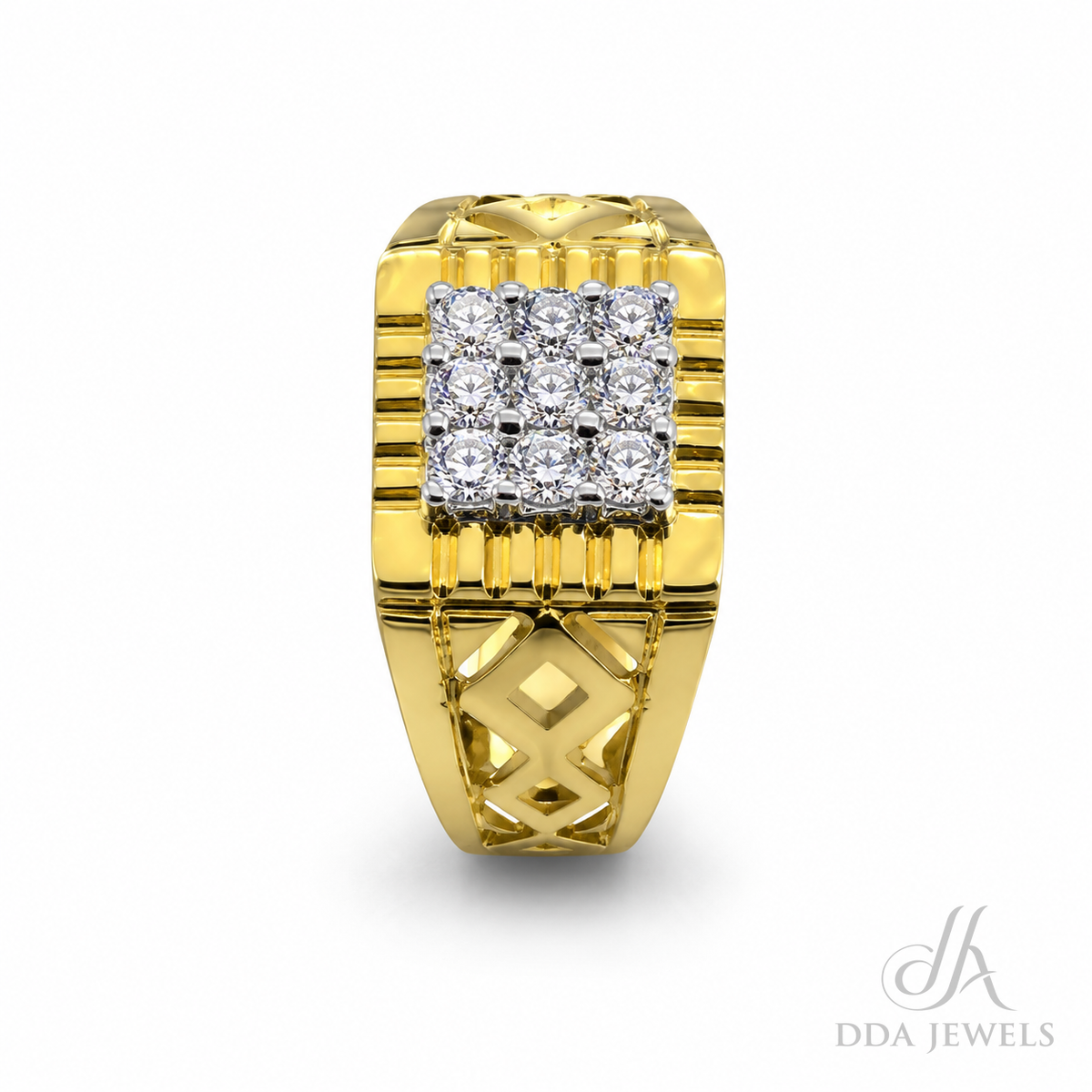 Men’s gold diamond ring with an open geometric lattice pavé face